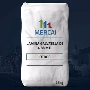 Nombre del producto: LAMINA GALVATEJA DE 4.88 MTL Categoría: Lamina Marca: MERCAI Peso: 25 kg Dimensiones: 4.88 m (longitud) Material: Galvanizado (presumiblemente, basado en el nombre) Uso: Productos de construcción y estructuras, indicado para techos y revestimientos Información adicional: - Textura: Es posible que sea metálica y puede tener un acabado liso o rugoso - Diferenciadores: Puede incluir propiedades de resistencia a la corrosión debido al galvanizado Etiquetas visibles: "OTROS" Funcionalidad: La lámina se utiliza principalmente en aplicaciones de construcción, proporcionando una cubierta durable y resistente a las inclemencias del tiempo.