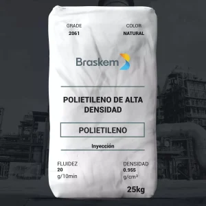 Nombre del producto: Polietileno de Alta Densidad (HDI2061) Marca: Braskem Categoría: Polietileno Detalles del producto: - Color: Natural - Tamaño del paquete: 25 kg Propiedades físicas y técnicas: - Fluidez: 20 g/10 min - Densidad: 0.955 g/cm³ Aplicaciones: - Artículos de pared media a delgada - Juguetes - Tapas largas - Contenedores para el hogar Proceso de fabricación: - Moldeo por inyección Observaciones: - Cumple con ANSI/NSF estándar 61 y 51. - Adecuado para contacto con alimentos y agua potable. Información adicional: - Leer la hoja de datos de seguridad antes de su uso. - Valores indicativos obtenidos en laboratorio, no garantizan absoluta certeza.