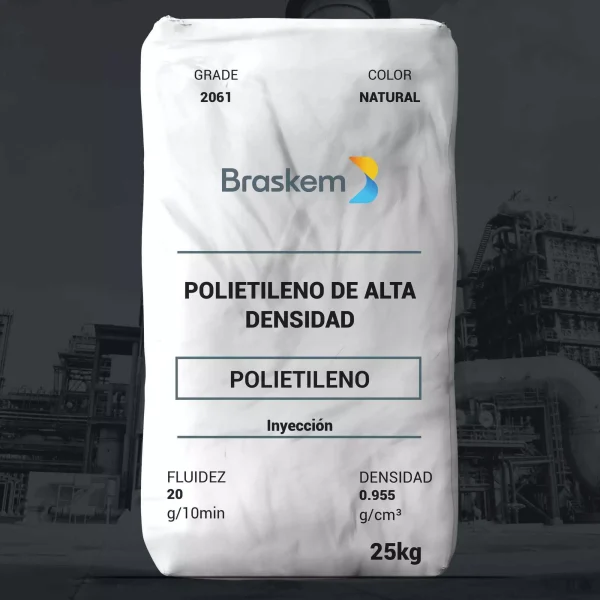Nombre del producto: Polietileno de Alta Densidad (HDI2061) Marca: Braskem Categoría: Polietileno Detalles del producto: - Color: Natural - Tamaño del paquete: 25 kg Propiedades físicas y técnicas: - Fluidez: 20 g/10 min - Densidad: 0.955 g/cm³ Aplicaciones: - Artículos de pared media a delgada - Juguetes - Tapas largas - Contenedores para el hogar Proceso de fabricación: - Moldeo por inyección Observaciones: - Cumple con ANSI/NSF estándar 61 y 51. - Adecuado para contacto con alimentos y agua potable. Información adicional: - Leer la hoja de datos de seguridad antes de su uso. - Valores indicativos obtenidos en laboratorio, no garantizan absoluta certeza.