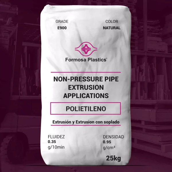 Nombre del producto: Formolene E900 Marca: Formosa Plastics Categoría: Polietileno Características del producto: - Color: Natural - Fluidez: 0.35 g/10 min - Densidad: 0.95 g/cm³ - Peso: 25 kg - Aplicaciones: Extrusión de tuberías no presionadas Detalles técnicos: - Grado: E900 - Usos sugeridos: Extrusión y aplicaciones de soplado Diferenciadores: - Aditivo sintético para aplicaciones de contacto con alimentos - Alta resistencia a la tensión y al agrietamiento Este producto es adecuado para aplicaciones industriales, farmacéuticas y de embalaje de alimentos.
