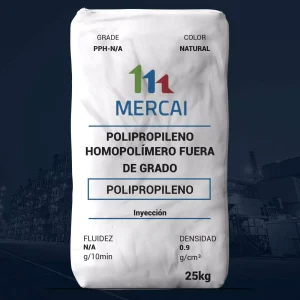 Nombre del producto: MERCAI Polipropileno Categoría: Polipropileno Atributos del producto: - Material: Polipropileno homopolímero - Color: Natural - Tamaño: 25 kg (peso del paquete) - Densidad: 0.9 g/cm³ - Fluidez: N/A g/10min Detalles técnicos: - Grado: PPH-N/A - Función: Inyección Textos visibles: - Marca: MERCAI - Descripción: Polipropileno homopolímero fuera de grado Diferenciadores: - Adecuado para aplicaciones de inyección. Interpretación de uso y funcionalidad: El producto es un material de polipropileno adecuado para procesos de inyección, lo que sugiere uso en la fabricación de componentes plásticos.