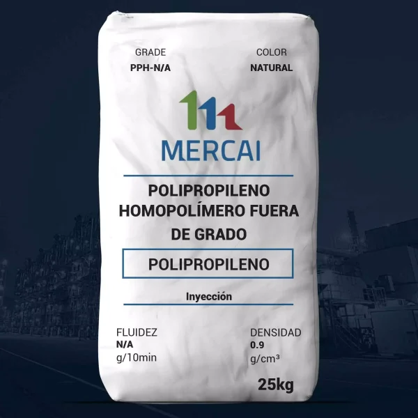 Nombre del producto: MERCAI Polipropileno Categoría: Polipropileno Atributos del producto: - Material: Polipropileno homopolímero - Color: Natural - Tamaño: 25 kg (peso del paquete) - Densidad: 0.9 g/cm³ - Fluidez: N/A g/10min Detalles técnicos: - Grado: PPH-N/A - Función: Inyección Textos visibles: - Marca: MERCAI - Descripción: Polipropileno homopolímero fuera de grado Diferenciadores: - Adecuado para aplicaciones de inyección. Interpretación de uso y funcionalidad: El producto es un material de polipropileno adecuado para procesos de inyección, lo que sugiere uso en la fabricación de componentes plásticos.