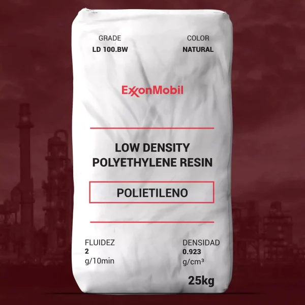 Nombre del producto: PE - LDPE - MFI2 - EXXONMOBIL - LD 100.BW Categoría: Polietileno Marca: ExxonMobil Características del producto: - Color: Natural - Fluidez: 2 g/10 min - Densidad: 0.923 g/cm³ - Presentación: Bolsa de 25 kg Propiedades técnicas relevantes: - Grado: LD 100.BW - Resina de Polietileno de Baja Densidad (LDPE) - Balance óptimo de propiedades ópticas y mecánicas Aplicaciones: - Compañero de mezcla - Películas de fundición - Compuesto - Espumas - Embalaje tipo Form Fill And Seal - Películas para congelador - Películas de laminación - Películas de encogimiento ligero - Forros - Bolsas para correo - Bolsas para productos - Bolsas de compra - Embalaje textil - Moldeo de tamaño mediano y resistente Información adicional: - Contactar a un representante de servicio al cliente de ExxonMobil para consultas sobre cumplimiento en aplicaciones de contacto con alimentos. - Este producto no está destinado a aplicaciones médicas. Fecha de revisión: 06/17/2020