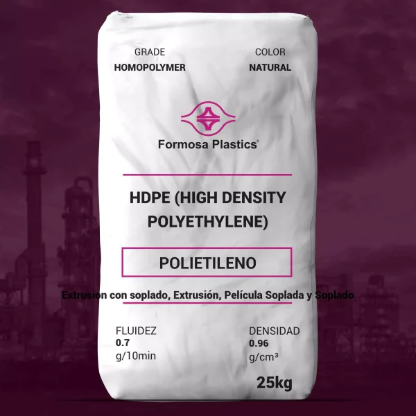 Nombre del producto: HDPE (Polietileno de Alta Densidad) Marca: Formosa Plastics Categoría: Polietileno Color: Natural Grado: Homopolímero Peso: 25 kg Propiedades físicas nominales: - Fluidez: 0.7 g/10 min - Densidad: 0.96 g/cm³ Uso sugerido: - Extrusión, Soplado, Película Soplada Aplicaciones: - Envasado de alimentos líquidos - Botellas para leche - Concentrados de refrescos - Agua destilada - Jugo de frutas Características técnicas: - Contiene aditivo antistatizante para reducir la acumulación de polvo - Cumple con los requisitos de la FDA según 21 CFR 177.1520 para contacto directo con alimentos Diferenciadores: - Buenas propiedades de rigidez - Resistencia al agrietamiento por tensión ambiental (ESCR): 15-20 horas Observaciones adicionales: - Las propiedades físicas reportadas son típicas del producto pero no deben usarse para fines de especificación.