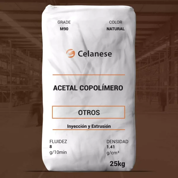 Nombre del producto: OTR - MFI8 - CELANESE - CELCON M90 Marca: Celanese Categoría: Otros Color: Natural Peso: 25 kg Densidad: 1.41 g/cm³ Fluidez: 8 g/10min Uso: Inyección y Extrusión Descripción del material: Acetal copolímero, M90, grado de uso general. Características notables: Buena optimización de propiedades, adecuada para moldeo por inyección y extrusión de tubos delgados y películas de baja densidad. Este producto es ideal para aplicaciones que requieren un alto rendimiento y buena homogeneidad de fundido.