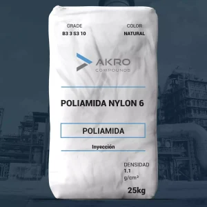 Nombre del producto: PA - AKROMID - B3 3 S3 10 NATURAL Marca: AKRO COMPOUNDS Categoría: Poliamida (Nylon 6) Color: Natural Peso: 25 kg Densidad: 1.1 g/cm³ Características técnicas: - Grado: B3 3 S3 10 - Tipo de procesamiento: Inyección Diferenciadores y propiedades: - Material: Poliamida - Función: Usado en procesos de inyección - Estructura: Polímero termoplástico Uso y funcionalidad: - Ideal para aplicaciones en ingeniería y fabricación debido a su resistencia y versatilidad. Instrucciones y advertencias: - Asegurar un manejo adecuado durante el almacenamiento y procesamiento. Este producto se presenta en forma de bolsa, que indica su peso y propiedades esenciales, lo cual es relevante para su clasificación y aplicación en industrias.
