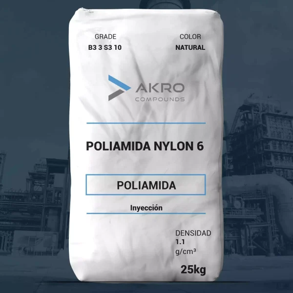 Nombre del producto: PA - AKROMID - B3 3 S3 10 NATURAL Marca: AKRO COMPOUNDS Categoría: Poliamida (Nylon 6) Color: Natural Peso: 25 kg Densidad: 1.1 g/cm³ Características técnicas: - Grado: B3 3 S3 10 - Tipo de procesamiento: Inyección Diferenciadores y propiedades: - Material: Poliamida - Función: Usado en procesos de inyección - Estructura: Polímero termoplástico Uso y funcionalidad: - Ideal para aplicaciones en ingeniería y fabricación debido a su resistencia y versatilidad. Instrucciones y advertencias: - Asegurar un manejo adecuado durante el almacenamiento y procesamiento. Este producto se presenta en forma de bolsa, que indica su peso y propiedades esenciales, lo cual es relevante para su clasificación y aplicación en industrias.