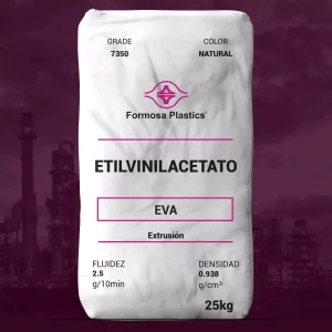 Nombre del producto: EVA - MFI2.5 - FORMOSA - 7350M Categoría: Etileno Acetato de Vinilo Marca: Formosa Plastics Atributos del producto: - Material: Etilvinilacetato (EVA) - Color: Natural - Fluidez (Melt Index): 2.5 g/10min - Densidad: 0.938 g/cm³ - Presentación: Bolsa de 25 kg Uso y funcionalidad: - Generalmente utilizado para espumas cruzadas para zapatos, suelas intermedias y juntas. - Proporciona buena resistencia química, excelente elasticidad y alta flexibilidad. Propiedades mecánicas (no visualizadas en la imagen, pero relevantes): - Resistencia a la tracción en el rendimiento: 45 Kg/cm² - Resistencia a la tracción en ruptura: 150 Kg/cm² - Alargamiento en ruptura: 800% - Dureza: 88 (Shore A), 38 (Shore D) - Punto de fusión: 84 °C - Punto de fragilidad: < -70 °C - Punto de ablandamiento: 60 °C Elementos diferenciadores: - Producto fabricado por un proceso de alta presión. - Contenido de acetato de vinilo: 18%. Texto visible en la imagen: - Grado: 7350 - Color: Natural - Etilvinilacetato - EVA - Extrusión - Fluidez: 2.5 g/10min - Densidad: 0.938 g/cm³ - Peso: 25 kg