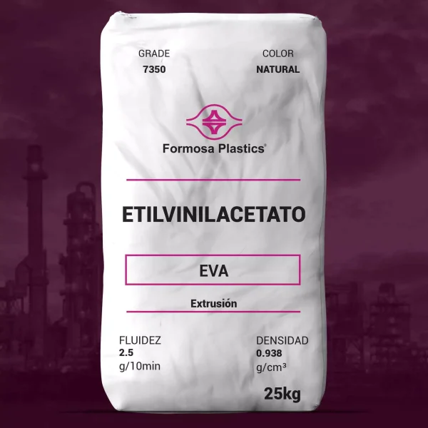 Nombre del producto: EVA - MFI2.5 - FORMOSA - 7350M Categoría: Etileno Acetato de Vinilo Marca: Formosa Plastics Atributos del producto: - Material: Etilvinilacetato (EVA) - Color: Natural - Fluidez (Melt Index): 2.5 g/10min - Densidad: 0.938 g/cm³ - Presentación: Bolsa de 25 kg Uso y funcionalidad: - Generalmente utilizado para espumas cruzadas para zapatos, suelas intermedias y juntas. - Proporciona buena resistencia química, excelente elasticidad y alta flexibilidad. Propiedades mecánicas (no visualizadas en la imagen, pero relevantes): - Resistencia a la tracción en el rendimiento: 45 Kg/cm² - Resistencia a la tracción en ruptura: 150 Kg/cm² - Alargamiento en ruptura: 800% - Dureza: 88 (Shore A), 38 (Shore D) - Punto de fusión: 84 °C - Punto de fragilidad: < -70 °C - Punto de ablandamiento: 60 °C Elementos diferenciadores: - Producto fabricado por un proceso de alta presión. - Contenido de acetato de vinilo: 18%. Texto visible en la imagen: - Grado: 7350 - Color: Natural - Etilvinilacetato - EVA - Extrusión - Fluidez: 2.5 g/10min - Densidad: 0.938 g/cm³ - Peso: 25 kg