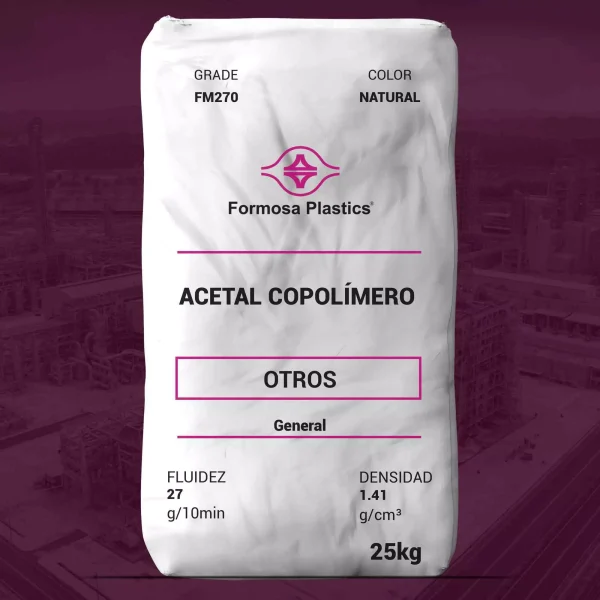 Nombre del producto: Acetal Copolímero Marca: Formosa Plastics Categoría: Otros Grado: FM70 Color: Natural Peso: 25 kg Fluidez: 27 g/10 min Densidad: 1.41 g/cm³ Uso: Aplicaciones generales, incluyendo componentes electrónicos y mecánicos, como cierres y engranajes. Características: - Material: Acetal (POM) Copolímero - Alta fluidez - Variados usos industriales Notas: - Actividad comercial: Activo - Ideal para industrias automotrices y electrodomésticos - Usos en partes mecánicas pequeñas Información adicional sobre el proveedor y disponibilidad se puede consultar en el sitio web de Formosa Plastics.