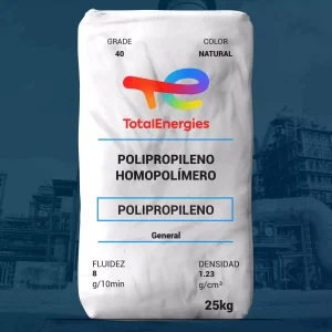 Nombre del producto: PP - HOPP - MFI8 - TOTALENERGIES - TD40 Categoría: Polipropileno Marca: TotalEnergies Características del producto: - Material: Homopolímero de polipropileno - Color: Natural - Fluidez: 8 g/10 min - Densidad: 1.23 g/cm³ - Peso del paquete: 25 kg - Grado: 40 Elementos técnicos destacados: - Aplicaciones generales en plásticos y moldes. - Propiedades mecánicas y térmicas óptimas para diversas aplicaciones industriales. Instrucciones y detalles relacionados: - Este producto se presenta en una bolsa de 25 kg, ideal para su uso en procesos de fabricación que requieren polipropileno de calidad.