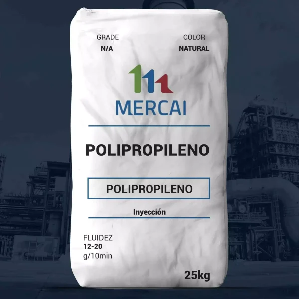 Nombre del producto: PP-FUERA DE GRADO - MERCAI Categoría: Polipropileno Atributos del producto: - Material: Polipropileno - Color: Natural - Tamaño: 25 kg - Fluidez: 12-20 g/10 min - Tipo: Inyección Elementos técnicos y diferenciadores: - Marca: MERCAI - Grado: N/A Funcionalidad e interpretación: Utilizado en procesos de inyección, adecuado para aplicaciones donde se requiere polipropileno con fluidez específica.
