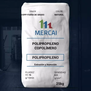 Nombre del producto: PP - COPP - MFI11 - MERCAI - FUERA DE GRADO Categoría: Polipropileno Atributos del producto: - Material: Polipropileno copolímero - Color: Natural - Tamaño: 25 kg - Fluidez: 11-16 g/10 min - Densidad: 0.9 g/cm³ - Uso: Extrusión y inyección Detalles técnicos: - Grado: COPP fuera de grado - Marca: MERCAI Funcionalidad: El producto está diseñado para procesos de extrusión e inyección en la industria del plástico.