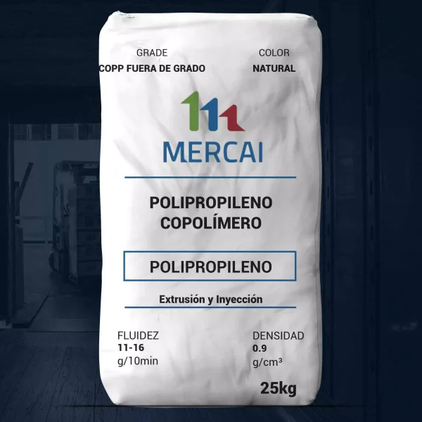 Nombre del producto: PP - COPP - MFI11 - MERCAI - FUERA DE GRADO Categoría: Polipropileno Atributos del producto: - Material: Polipropileno copolímero - Color: Natural - Tamaño: 25 kg - Fluidez: 11-16 g/10 min - Densidad: 0.9 g/cm³ - Uso: Extrusión y inyección Detalles técnicos: - Grado: COPP fuera de grado - Marca: MERCAI Funcionalidad: El producto está diseñado para procesos de extrusión e inyección en la industria del plástico.