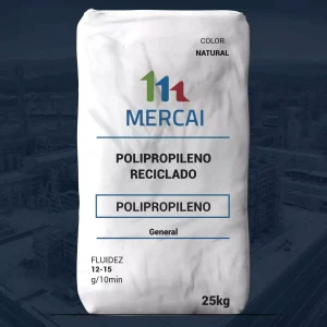 Nombre del producto: PP - RECICLADO - MFI12 - MERCAI - RECICLADO Categoría: Polipropileno Atributos del producto: - Material: Polipropileno reciclado - Color: Natural - Tamaño/Capacidad: 25 kg - Fluidez: 12-15 g/10 min Elementos diferenciadores y técnicos: - Marca: MERCAI - Composición: Polipropileno - Información adicional en la etiqueta: General Uso y funcionalidad: - Producto adecuado para aplicaciones generales en la fabricación con polipropileno reciclado.