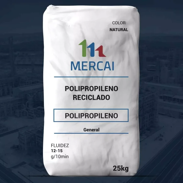Nombre del producto: PP - RECICLADO - MFI12 - MERCAI - RECICLADO Categoría: Polipropileno Atributos del producto: - Material: Polipropileno reciclado - Color: Natural - Tamaño/Capacidad: 25 kg - Fluidez: 12-15 g/10 min Elementos diferenciadores y técnicos: - Marca: MERCAI - Composición: Polipropileno - Información adicional en la etiqueta: General Uso y funcionalidad: - Producto adecuado para aplicaciones generales en la fabricación con polipropileno reciclado.