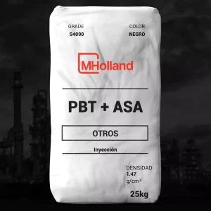 Nombre del producto: PBT + ASA Marca: MHolland Categoría: Otros Color: Negro Grado: S4090 Densidad: 1.47 g/cm³ Peso: 25 kg Uso: Inyección Material: Mezcla de Polibutileno Tereftalato (PBT) y Acrilonitrilo Estireno (ASA) Características: - Resistencia química - Buen acabado superficial - Baja contracción y deformación - Contiene 30% de fibra de vidrio como refuerzo Método de procesamiento: - Inyección Especificaciones adicionales: - Cumple con las normativas de REACH y RoHS - Puede ser utilizado en aplicaciones automotrices según especificaciones FORD y GM Nota: Esta información es un resumen basado en los datos visibles del empaque y la información adicional proporcionada.