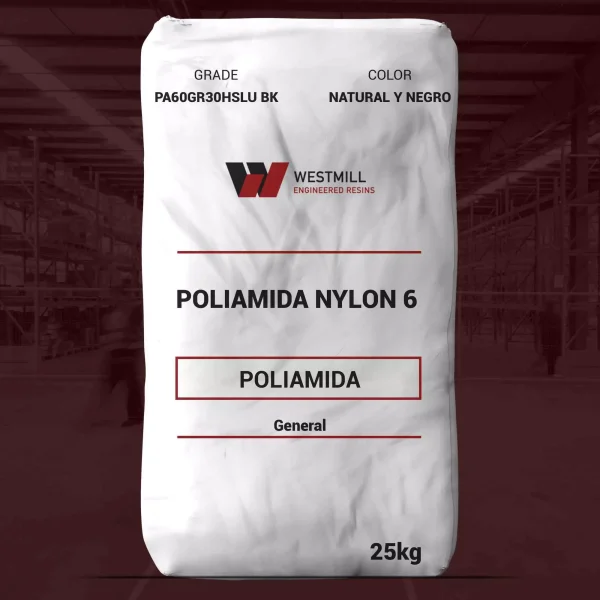 Nombre del producto: PA60GR30HSLU BK Marca: WESTMILL Categoría: Poliamida Color: Natural y Negro Peso: 25 kg **Características técnicas:** - Tipo: Nylon 6 - Composición: 30% Material Reforzado con Vidrio **Propiedades mecánicas:** - Resistencia a la tracción: 144.8 Mpa (21,000 psi) - Alargamiento a la ruptura: 3-5% - Módulo de flexión: 7586 Mpa (1,100,000 psi) - Impacto Izod: 80 J/m (1.5 ft lb/in) **Propiedades térmicas:** - Temperatura de deflexión: 200 °C (392 °F) a 1.8 Mpa (264 psi) - Punto de fusión: 215 °C (420 °F) **Otras propiedades:** - Gravedad específica: 1.36 **Instrucciones:** Valores medidos a 23 °C (73 °F). La información se basa en el fabricante y no garantiza un análisis específico para un lote determinado.