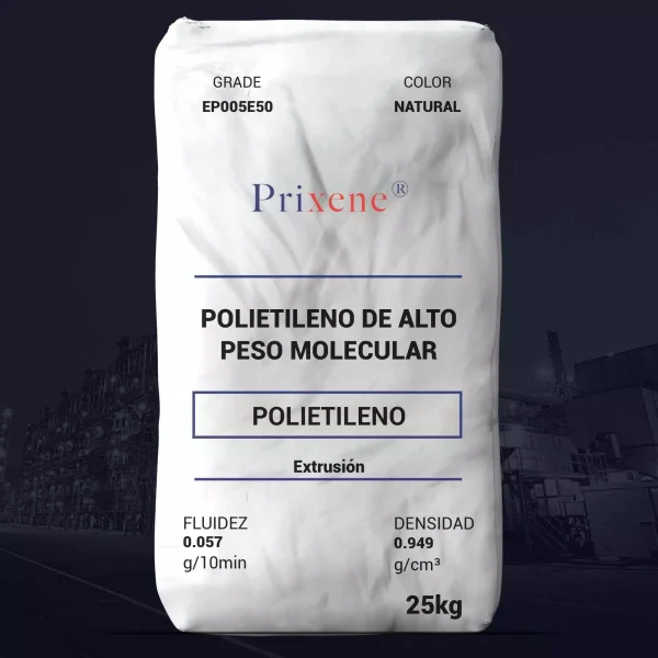 Nombre del producto: PE - HWMPE - MFI0.057 - PRIXENE - EP005E50 Categoría: Polietileno Marca: Prixene Color: Natural Peso: 25 kg Descripción del producto: Resina de copolímero de alto peso molecular de alta densidad, caracterizada por su alta rigidez y buena respuesta de sellado térmico. Propiedades: - Fluidez: 0.057 g/10 min - Densidad: 0.949 g/cm³ Aplicaciones: Bolsas de mercado, bolsas de productos básicos y material en rollo. Observaciones: La información proporcionada es indicativa y no constituye una garantía absoluta. Solo las propiedades en el certificado de calidad son las que garantizan el producto.