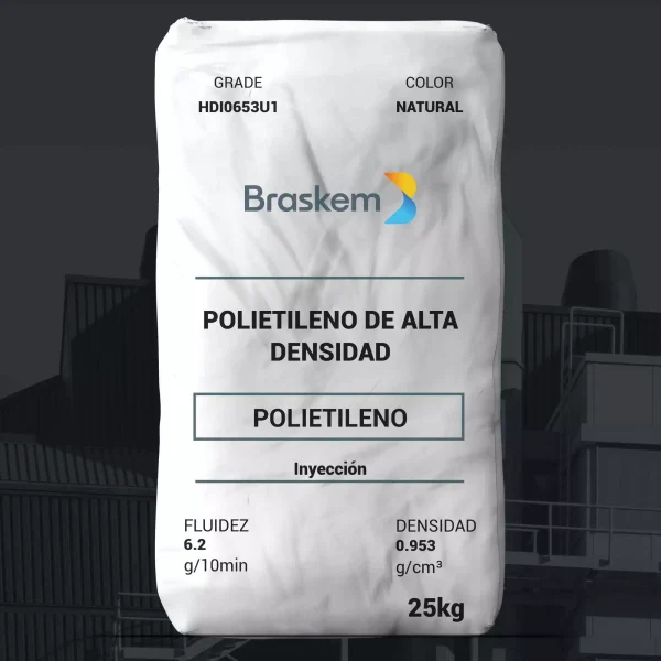 Nombre del producto: PE - HDPE - MFI6.2 - BRASKEM - HDI0653U1 Categoría: Polietileno **Información del producto:** - Marca: Braskem - Color: Natural - Peso: 25 kg **Propiedades Técnicas:** - Fluidez: 6.2 g/10 min - Densidad: 0.953 g/cm³ **Uso:** - Aplicaciones: Contenedores, cubetas - Procesos: Moldeo por inyección **Descripción:** La resina HDI0653U1 es un polietileno de alta densidad, diseñado para moldeo por inyección, con excelente acabado superficial y buena resistencia al impacto. **Notas Finales:** - Consultar la hoja de datos de seguridad antes de su uso. - No se recomienda para la fabricación de envases para contacto con soluciones parenterales. - Para información sobre BPA y contacto con alimentos, consultar la hoja de información regulatoria disponible en la web de Braskem.