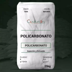 Nombre del producto: Policarbonato LXTY-1609 Categoría: Policarbonato Marca: Centurión Características del producto: - Masa molecular: 26000 - Presentación: Saco de 25 kg - Color: Natural - Grado: 1609 Especificaciones técnicas: - Fluidez (MFR): 9 g/10 min (ISO 1133, 300°C, 1.2 kg) - Densidad: 1.2 g/cm³ (ISO 1183) Propiedades mecánicas: - Resistencia a la tracción: 60 MPa (ISO 527, 50 mm/min) - Resistencia a la rotura por tracción: 70 MPa (ISO 527, 50 mm/min) - Elongación de rotura: >120% (ISO 527, 50 mm/min) - Módulo de tracción: 2400 MPa (ISO 527, 1 mm/min) - Fuerza flexible: 90 MPa (ISO 178, 2 mm/min) - Módulo de flexión: 2300 MPa (ISO 178, 2 mm/min) - Resistencia al impacto con muescas Charpy: 72 kJ/m² (ISO 179, 23°C) - Resistencia al impacto con muescas Izod: 66 kJ/m² (ISO 180, 23°C) Propiedades térmicas: - Temperatura de deflexión térmica: 127°C (ISO 75, 1.80 MPa) - Temperatura de ablandamiento Vicat: 148°C (ISO 306, B120) Propiedades ópticas: - Transmitancia: 89% (ASTM, 3.2 mm) - Bruma: <0.5% (ASTM, 3.2 mm) - Índice de amarillez: <1.4 (ISO 17223, 380-780mm) Propiedades eléctricas: - Resistividad de volumen: 3.0 x 10¹⁷ Ω·cm (CEI 60093, 5 min) - Permitividad: 2.7 (CEI 60250, 1 MHz) - Rigidez dieléctrica: 30 kV/mm (CEI 60243, 1 mm) - Factor de pérdida dieléctrica: 1.5 x 10⁻² (CEI 60250, 1 MHz) Inflamabilidad: - Clasificación UL94: HB (1.5 mm) Almacenamiento: Se debe almacenar en un entorno controlado (10-30°C, 50% humedad),