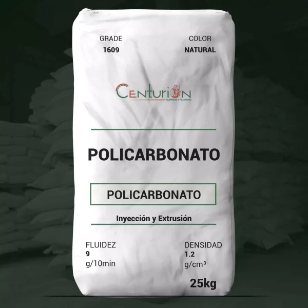 Nombre del producto: Policarbonato LXTY-1609 Categoría: Policarbonato Marca: Centurión Características del producto: - Masa molecular: 26000 - Presentación: Saco de 25 kg - Color: Natural - Grado: 1609 Especificaciones técnicas: - Fluidez (MFR): 9 g/10 min (ISO 1133, 300°C, 1.2 kg) - Densidad: 1.2 g/cm³ (ISO 1183) Propiedades mecánicas: - Resistencia a la tracción: 60 MPa (ISO 527, 50 mm/min) - Resistencia a la rotura por tracción: 70 MPa (ISO 527, 50 mm/min) - Elongación de rotura: >120% (ISO 527, 50 mm/min) - Módulo de tracción: 2400 MPa (ISO 527, 1 mm/min) - Fuerza flexible: 90 MPa (ISO 178, 2 mm/min) - Módulo de flexión: 2300 MPa (ISO 178, 2 mm/min) - Resistencia al impacto con muescas Charpy: 72 kJ/m² (ISO 179, 23°C) - Resistencia al impacto con muescas Izod: 66 kJ/m² (ISO 180, 23°C) Propiedades térmicas: - Temperatura de deflexión térmica: 127°C (ISO 75, 1.80 MPa) - Temperatura de ablandamiento Vicat: 148°C (ISO 306, B120) Propiedades ópticas: - Transmitancia: 89% (ASTM, 3.2 mm) - Bruma: <0.5% (ASTM, 3.2 mm) - Índice de amarillez: <1.4 (ISO 17223, 380-780mm) Propiedades eléctricas: - Resistividad de volumen: 3.0 x 10¹⁷ Ω·cm (CEI 60093, 5 min) - Permitividad: 2.7 (CEI 60250, 1 MHz) - Rigidez dieléctrica: 30 kV/mm (CEI 60243, 1 mm) - Factor de pérdida dieléctrica: 1.5 x 10⁻² (CEI 60250, 1 MHz) Inflamabilidad: - Clasificación UL94: HB (1.5 mm) Almacenamiento: Se debe almacenar en un entorno controlado (10-30°C, 50% humedad),