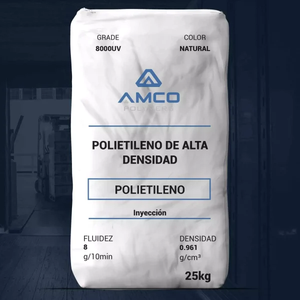 Nombre del producto: Exelene HDPE 8000UV Marca: AMCO Categoría: Polietileno Características del producto: - Material: Polietileno de alta densidad (HDPE) - Color: Natural - Tamaño: 25 kg por bolsa - Fluidez: 8 g/10 min - Densidad: 0.961 g/cm³ - Aplicaciones: - Cajas de plástico para cerveza, refrescos o jugos - Canastas para frutas y verduras Especificaciones técnicas: - Tipo: Polietileno homopolímero - Método de procesamiento: Inyección - Punto de fusión: > 600 °C - Resistencia a la tensión: > 4,500 psi - Dureza (Shore D): 80 - Temperatura de ablandamiento (Vicat): 70 °C - Temperatura de deflexión bajo carga: 87 °C - Temperatura de fragilidad: < -75 °C - Alargamiento a la ruptura: > 600% Aditivos: - Antioxidante - Estabilizador UV Cumplimiento normativo: - Cumple con los requisitos de la sección 177.1520 del Código de Regulaciones Federales de la FDA para contacto directo con alimentos.