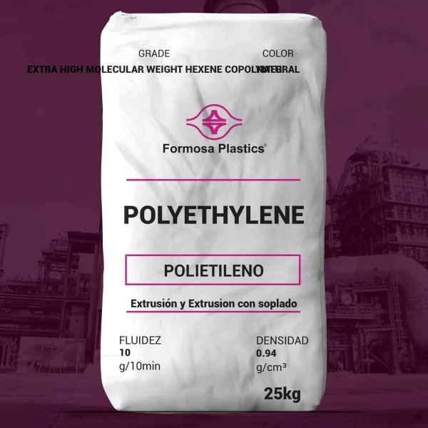 Nombre del producto: Formolene HL5010 Categoría: Polietileno Marca: Formosa Plastics Características del producto: - Material: Polietileno (copolímero de hexeno de peso molecular extra alto) - Color: Neutro (blanco en la imagen) - Tamaño: 25 kg (peso del paquete) - Funcionalidad: Destinado a la extrusión y moldeo por soplado Propiedades físicas nominales: - Fluidez: 10 g/10 min - Densidad: 0.94 g/cm³ Aplicaciones sugeridas: - Contenedores de envío de 55 galones - Palets - Tanques de gasolina - Partes grandes moldeadas - Tanques de productos químicos agrícolas - Tuberías corrugadas (certificadas según AASHTO M294) - Tuberías de conductos (cumple con ASTM F2160) Diferenciadores técnicos: - Buena resistencia a la ruptura por estrés ambiental (ESCR) - Excelente rigidez y resistencia al impacto, incluso a bajas temperaturas - Cumple con los requisitos de la FDA para envasado de alimentos (21 CFR 177.1520) Texto visible identificado: - "POLYETHYLENE" - "POLIETILENO" - "FLUIDEZ 10 g/10min" - "DENSIDAD 0.94 g/cm³" - "25kg"