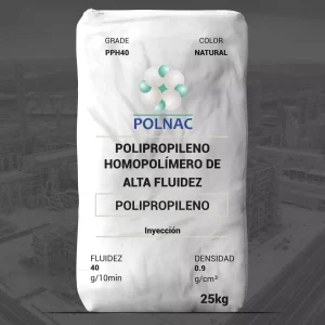 Nombre del producto: PP - PTG - MFI40 - POLNAC - PTG - PPH 40 Marca: Polnac Categoría: Polipropileno Descripción: - Tipo: Polipropileno homopolímero de alta fluidez - Forma: Pellet - Color: Natural - Peso: 25 kg Datos técnicos: - Índice de fluidez: 40 g/10 min (ASTM D1238A) - Densidad: 0.9 g/cm³ (ASTM D1505) - Impacto IZOD: 1.0 min ft lbf/in (ASTM D256A) - Módulo de flexión: 160,000 PSI (ASTM D790) Métodos de transformación recomendados: - Inyección - Extrusión - Termoformado - Extrusión soplo - Inyección soplo Aplicaciones recomendadas: - Empaque rígido - Cuidado personal - Eléctrico - Electrónico - Electrodomésticos - Automotriz - Médico y farmacéutico - Industrial - Construcción - Empaque flexible - Agrícola - Consumo - Calzado y textil Instrucciones de almacenamiento: - Almacenar en un lugar seco y libre de polvo. - No exponer a intemperie, radiación solar directa, disolventes o fuentes de ignición. - Usar dentro de los 12 meses siguientes a la fecha de compra. Observaciones: - Las pruebas son obtenidas en laboratorio, sin garantía a los fines del usuario. - Polímeros Nacionales, S.A. de C.V. no otorga garantías explícitas o implícitas. Cumplimiento: - Folio: FID-01nac - Edición: PTG002 - Versión: 01/23