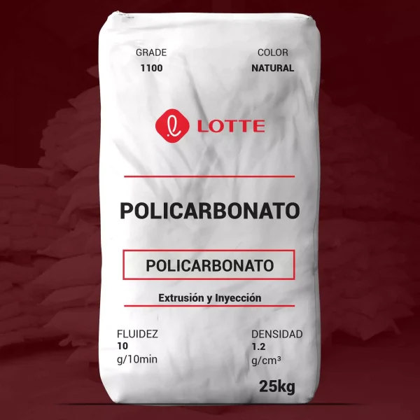 Nombre del producto: Policarbonato - PC-1100 Categoría: Policarbonato Marca: Lotte Peso: 25 kg Color: Natural Características técnicas: - Fluidez: 10 g/10min - Densidad: 1.2 g/cm³ Uso y funcionalidad: - Aplicaciones: Extrusión e inyección. - Proporciona alta resistencia al impacto, excelentes propiedades mecánicas y térmicas. Diferenciadores técnicos: - Adecuado para procesado por inyección y extrusión. - Se puede reciclar, pasando el 20% con resina virgen. Notas: ISO 9001, 14001, /TS 16949.