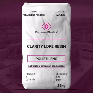 Nombre del producto: Formolene FC3403C Categoría: Polietileno Marca: Formosa Plastics Color: Natural Tamaño del empaque: 25 kg **Propiedades físicas nominales:** - Fluidez: 3 g/10 min - Densidad: 0.93 g/cm³ **Detalles técnicos:** - Tipo de resina: Clarity LDPE Resin - Aplicaciones sugeridas: - Extrusión - Extrusión con soplado **Características destacadas:** - Balance entre propiedades ópticas y rigidez alta. - Formulado sin deslizante ni antibloqueo. - Excelente procesamiento de extrusión. **Instrucciones:** - Usar en aplicaciones adecuadas para films y envases. - Resina adecuada para diversos tipos de films (p. ej., películas para empaques de higiene, etiquetas).