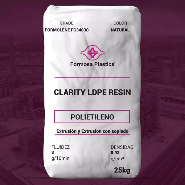 Nombre del producto: Formolene FC3403C Categoría: Polietileno Marca: Formosa Plastics Color: Natural Tamaño del empaque: 25 kg **Propiedades físicas nominales:** - Fluidez: 3 g/10 min - Densidad: 0.93 g/cm³ **Detalles técnicos:** - Tipo de resina: Clarity LDPE Resin - Aplicaciones sugeridas: - Extrusión - Extrusión con soplado **Características destacadas:** - Balance entre propiedades ópticas y rigidez alta. - Formulado sin deslizante ni antibloqueo. - Excelente procesamiento de extrusión. **Instrucciones:** - Usar en aplicaciones adecuadas para films y envases. - Resina adecuada para diversos tipos de films (p. ej., películas para empaques de higiene, etiquetas).
