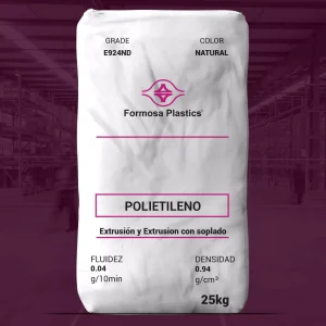 Producto: Formolene® E924ND Categoría: Polietileno Marca: Formosa Plastics Color: Natural Peso: 25 kg Propiedades Físicas: - Fluidez: 0.04 g/10 min - Densidad: 0.94 g/cm³ Uso/Funcionalidad: - Diseñado para aplicaciones de extrusión de película de gauge delgada - Aprobado por la FDA para contacto directo con alimentos Aplicaciones Sugeridas: - Bolsas tipo T-Shirt - Forros de bolsas multi-pared - Forros de botes de basura y bolsas de alta resistencia - Bolsas de mercancía Diferenciadores Técnicos: - Grado de alta densidad y alto peso molecular (HDPE-HMW) - Propiedades físicas equilibradas con buena rigidez para aplicaciones de película delgada
