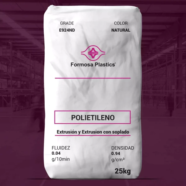 Producto: Formolene® E924ND Categoría: Polietileno Marca: Formosa Plastics Color: Natural Peso: 25 kg Propiedades Físicas: - Fluidez: 0.04 g/10 min - Densidad: 0.94 g/cm³ Uso/Funcionalidad: - Diseñado para aplicaciones de extrusión de película de gauge delgada - Aprobado por la FDA para contacto directo con alimentos Aplicaciones Sugeridas: - Bolsas tipo T-Shirt - Forros de bolsas multi-pared - Forros de botes de basura y bolsas de alta resistencia - Bolsas de mercancía Diferenciadores Técnicos: - Grado de alta densidad y alto peso molecular (HDPE-HMW) - Propiedades físicas equilibradas con buena rigidez para aplicaciones de película delgada