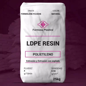 Nombre del producto: Formolene FC2304E Categoría: Polietileno Marca: Formosa Plastics Atributos del producto: - Material: Polietileno de baja densidad (LDPE) - Color: Natural - Tamaño: 25 kg - Fluidez: 4 g/10 min - Densidad: 0.92 g/cm³ Características técnicas: - Aplicaciones sugeridas: - Extrusión y extrusión con soplado - Película de cast - Películas de alta claridad - Bolsas para productos - Bolsas tipo zipper Propiedades físicas nominales: - Densidad: 0.923 g/cc - Índice de fusión: 4.0 g/10 min - Impacto Dart: 70 g - Resistencia al desgarro (Elmendorf): 290/110 g - Resistencia a la tracción en cizallamiento: 1500/1400 psi - Resistencia a la tracción al rompimiento: 3300/2200 psi - Alargamiento al rompimiento: 180/490% - Módulo secante @ 1%: 25000/30000 psi - Brillo (45°): 71 - Niebla: 5.2% Notas: - Propiedades de la película basadas en película de 1.18 mil (30 micrones) de grosor. - Las propiedades reales pueden variar según el equipo de extrusión y condiciones de operación.