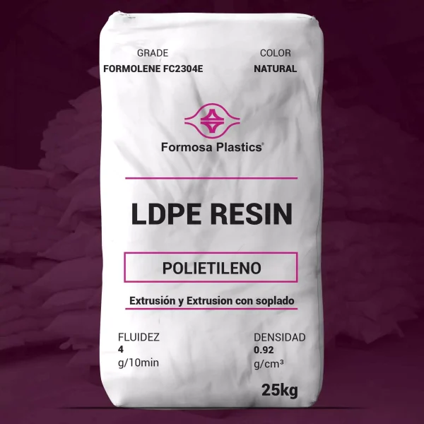 Nombre del producto: Formolene FC2304E Categoría: Polietileno Marca: Formosa Plastics Atributos del producto: - Material: Polietileno de baja densidad (LDPE) - Color: Natural - Tamaño: 25 kg - Fluidez: 4 g/10 min - Densidad: 0.92 g/cm³ Características técnicas: - Aplicaciones sugeridas: - Extrusión y extrusión con soplado - Película de cast - Películas de alta claridad - Bolsas para productos - Bolsas tipo zipper Propiedades físicas nominales: - Densidad: 0.923 g/cc - Índice de fusión: 4.0 g/10 min - Impacto Dart: 70 g - Resistencia al desgarro (Elmendorf): 290/110 g - Resistencia a la tracción en cizallamiento: 1500/1400 psi - Resistencia a la tracción al rompimiento: 3300/2200 psi - Alargamiento al rompimiento: 180/490% - Módulo secante @ 1%: 25000/30000 psi - Brillo (45°): 71 - Niebla: 5.2% Notas: - Propiedades de la película basadas en película de 1.18 mil (30 micrones) de grosor. - Las propiedades reales pueden variar según el equipo de extrusión y condiciones de operación.