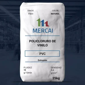 Nombre del producto: PVC - MFI10 - MERCAI - PVC CRISTAL 112-I Categoría: Policloruro de Vinilo Marca: MERCAI Presentación: Pellets cristalinos Cantidad: 25 kg **Especificaciones técnicas:** - **Dureza (SHORE “A”):** 25 – 30 - **Peso específico:** 1.17 – 1.2 g/cm³ - **Estabilidad térmica:** MIN/177°C 65 - **Esfuerzo tensión:** Mínimo 70 KG/CM - **Elongación:** 380% **Propiedades y aplicación:** Compuesto de PVC plastificado diseñado para procesos de extrusión, ofrece facilidad de proceso, buena estabilidad térmica y propiedades mecánicas adecuadas. Disponibilidad en colores traslúcidos y opacos. **Detallado de propiedades:** - **Fluidez:** 10 g/10 min - **Densidad:** 1.2 g/cm³ - **Color:** Natural