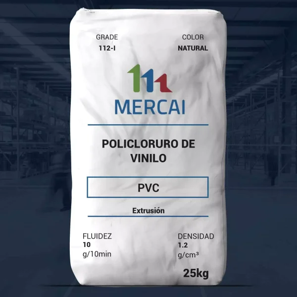 Nombre del producto: PVC - MFI10 - MERCAI - PVC CRISTAL 112-I Categoría: Policloruro de Vinilo Marca: MERCAI Presentación: Pellets cristalinos Cantidad: 25 kg **Especificaciones técnicas:** - **Dureza (SHORE “A”):** 25 – 30 - **Peso específico:** 1.17 – 1.2 g/cm³ - **Estabilidad térmica:** MIN/177°C 65 - **Esfuerzo tensión:** Mínimo 70 KG/CM - **Elongación:** 380% **Propiedades y aplicación:** Compuesto de PVC plastificado diseñado para procesos de extrusión, ofrece facilidad de proceso, buena estabilidad térmica y propiedades mecánicas adecuadas. Disponibilidad en colores traslúcidos y opacos. **Detallado de propiedades:** - **Fluidez:** 10 g/10 min - **Densidad:** 1.2 g/cm³ - **Color:** Natural