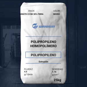 Nombre del producto: PP - PPR - MFI4.5 - WANHUA - PPR PPG0607D C2 BK 30% FIBRA Categoría: Polipropileno Atributos del producto: - Material: Polipropileno homopolímero - Color: Negro - Tamaño: 25 kg - Fluidez: 4.5 g/10min - Densidad: 1.15 g/cm³ Detalles técnicos: - Marca: WANHUA - Tipo de extrusión: Extrusión Elementos distintivos: - Contiene 30% de fibra, lo que puede indicar mejor resistencia y durabilidad.