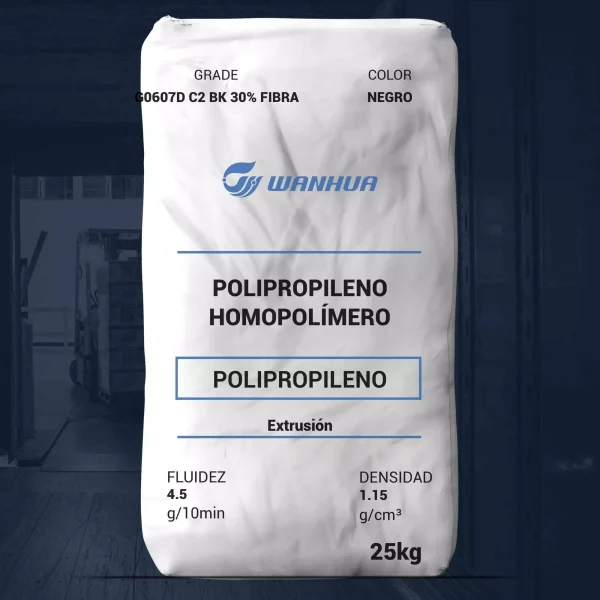 Nombre del producto: PP - PPR - MFI4.5 - WANHUA - PPR PPG0607D C2 BK 30% FIBRA Categoría: Polipropileno Atributos del producto: - Material: Polipropileno homopolímero - Color: Negro - Tamaño: 25 kg - Fluidez: 4.5 g/10min - Densidad: 1.15 g/cm³ Detalles técnicos: - Marca: WANHUA - Tipo de extrusión: Extrusión Elementos distintivos: - Contiene 30% de fibra, lo que puede indicar mejor resistencia y durabilidad.