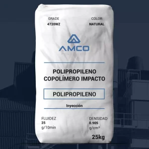 Nombre del producto: Polipropileno 4720WZ Marca: AMCO Categoría: Polipropileno Descripción del producto: - Tipo: Copolímero de impacto nucleado - Fluidez: 25 g/10 min - Densidad: 0.905 g/cm³ - Color: Natural Características: - Propiedades antistáticas - Resistencia al deslizamiento - Ciclos de moldeo rápidos - Buena rigidez - Alta resistencia al impacto Usos: - Mobiliario - Artículos de hogar - Equipos de jardín - Piezas delgadas Forma: - Pellets Método de procesamiento: - Moldeo por inyección Información adicional: - Estado del material: Comercial (Activo) - Disponibilidad: América del Norte Propiedades mecánicas: - Resistencia a la tracción (Ruptura): 4060 psi - Alargamiento a la tracción (Ruptura): 6.0 % - Módulo de flexión: 210000 psi Propiedades de impacto: - Resistencia al impacto Charpy sin muesca: - A -4°F: 2.1 ft·lb/in² - A 73°F: 4.5 ft·lb/in² - Resistencia al impacto Izod con muesca: - A -4°F: 0.90 ft·lb/in - A 73°F: 2.0 ft·lb/in Propiedades térmicas: - Temperatura de ablandamiento Vicat: 302 °F - Temperatura de fusión: 320 a 329 °F - Temperatura de deflexión térmica: 194 °F