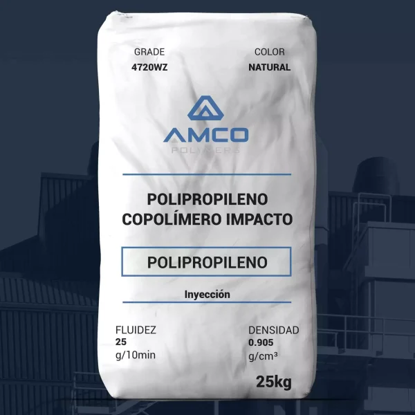 Nombre del producto: Polipropileno 4720WZ Marca: AMCO Categoría: Polipropileno Descripción del producto: - Tipo: Copolímero de impacto nucleado - Fluidez: 25 g/10 min - Densidad: 0.905 g/cm³ - Color: Natural Características: - Propiedades antistáticas - Resistencia al deslizamiento - Ciclos de moldeo rápidos - Buena rigidez - Alta resistencia al impacto Usos: - Mobiliario - Artículos de hogar - Equipos de jardín - Piezas delgadas Forma: - Pellets Método de procesamiento: - Moldeo por inyección Información adicional: - Estado del material: Comercial (Activo) - Disponibilidad: América del Norte Propiedades mecánicas: - Resistencia a la tracción (Ruptura): 4060 psi - Alargamiento a la tracción (Ruptura): 6.0 % - Módulo de flexión: 210000 psi Propiedades de impacto: - Resistencia al impacto Charpy sin muesca: - A -4°F: 2.1 ft·lb/in² - A 73°F: 4.5 ft·lb/in² - Resistencia al impacto Izod con muesca: - A -4°F: 0.90 ft·lb/in - A 73°F: 2.0 ft·lb/in Propiedades térmicas: - Temperatura de ablandamiento Vicat: 302 °F - Temperatura de fusión: 320 a 329 °F - Temperatura de deflexión térmica: 194 °F