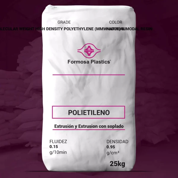 Nombre del producto: Formolene® E922 Categoría: Polietileno Marca: Formosa Plastics Descripción del producto: - Tipo: Polietileno de alta densidad de peso molecular medio (MMW-HDPE), resina bimodal. - Aplicaciones: Diseñado para aplicaciones de extrusión de películas, como bolsas de compras, forros de botes de basura y películas delgadas para aplicaciones de laminado. Características técnicas: - Fluidez (Melt Index): 0.15 g/10 min (ASTM D1238) - Densidad: 0.95 g/cm³ (ASTM D1505) - Punto de fusión: 132 °C (DSC) Propiedades de la película E922: - Resistencia al impacto Dart Drop: 190 g/mil (D1709) - Resistencia al desgarro Elmendorf: 16/200 g/mil (D1922) - Resistencia a la tracción al romper: 8300/5900 psi (D882) - Alargamiento a la rotura: 300/540% (D882) - Módulo de secante al 1%: 84,000/145,000 psi (D882) Peso del producto: 25 kg Cumple con los requisitos de la FDA para contacto directo con alimentos según 21 CFR 177.1520.