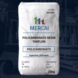 Nombre del producto: Policarbonato Resin TARFLON Categoría: Policarbonato Marca: MERCAI Color: Natural Tamaño: 25 kg Características físicas: - Fluidez: 19 g/10min - Densidad: 1.2 g/cm3 Uso y funcionalidad: - Aplicaciones: Inyección y Extrusión Textos visibles: - "POLICARBONATO RESIN TARFLON" - "COLOR NATURAL" - "FLUIDEZ 19 g/10min" - "DENSIDAD 1.2 g/cm3" - "25kg" Diferenciadores técnicos: - Producto adecuado para inyección y extrusión. - Color natural que resalta en el uso industrial. Este producto es una resina de policarbonato con propiedades ideales para aplicaciones de moldeo.