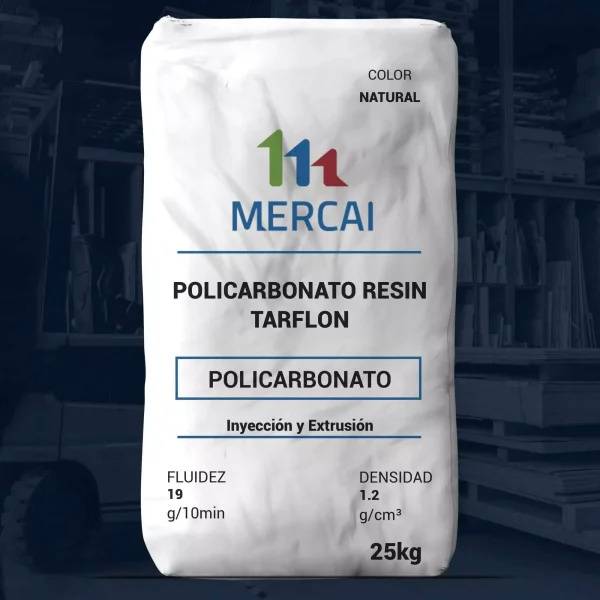 Nombre del producto: Policarbonato Resin TARFLON Categoría: Policarbonato Marca: MERCAI Color: Natural Tamaño: 25 kg Características físicas: - Fluidez: 19 g/10min - Densidad: 1.2 g/cm3 Uso y funcionalidad: - Aplicaciones: Inyección y Extrusión Textos visibles: - "POLICARBONATO RESIN TARFLON" - "COLOR NATURAL" - "FLUIDEZ 19 g/10min" - "DENSIDAD 1.2 g/cm3" - "25kg" Diferenciadores técnicos: - Producto adecuado para inyección y extrusión. - Color natural que resalta en el uso industrial. Este producto es una resina de policarbonato con propiedades ideales para aplicaciones de moldeo.