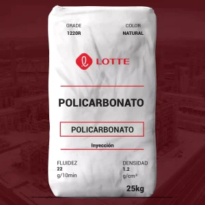 Nombre del producto: PC-1220R Marca: LOTTE Categoría: Policarbonato Color: Natural Peso: 25 kg Fluidez: 22 g/10min Densidad: 1.2 g/cm³ Descripción: Policarbonato de baja viscosidad y alta fluidez, diseñado para facilitar el desmontaje del molde para productos de inyección pequeños y complicados. Uso y funcionalidad: Ideal para aplicaciones de inyección, especialmente en productos que requieren un diseño complicado. Notas adicionales: Cumple con las normas ISO 9001, 14001, y TS 16949.