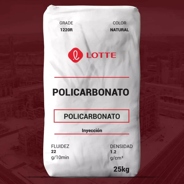 Nombre del producto: PC-1220R Marca: LOTTE Categoría: Policarbonato Color: Natural Peso: 25 kg Fluidez: 22 g/10min Densidad: 1.2 g/cm³ Descripción: Policarbonato de baja viscosidad y alta fluidez, diseñado para facilitar el desmontaje del molde para productos de inyección pequeños y complicados. Uso y funcionalidad: Ideal para aplicaciones de inyección, especialmente en productos que requieren un diseño complicado. Notas adicionales: Cumple con las normas ISO 9001, 14001, y TS 16949.