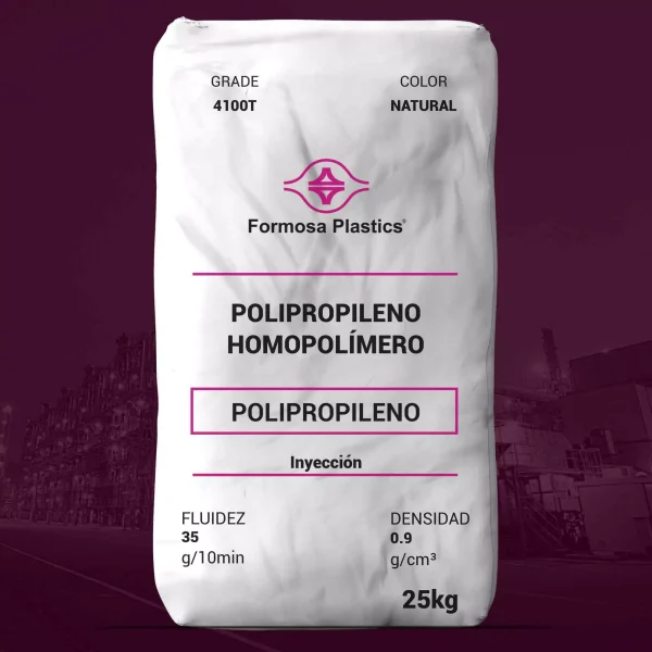 Nombre del producto: PP - HOPP - MFI35 - FORMOSA - 4100T Categoría: Polipropileno Marca: Formosa Plastics Color: Natural Tamaño: 25 kg Características del producto: - Tipo: Polipropileno homopolímero - Fluidez: 35 g/10min - Densidad: 0.9 g/cm³ Uso y funcionalidad: Material diseñado para inyección, adecuado para aplicaciones de uso general, como cierres, pequeños electrodomésticos, utensilios de cocina y juguetes. Diferenciadores técnicos: - Cumple con los requisitos de la FDA para contacto con alimentos según 21 CFR 177.1520. - Libre de contenido animal. Notas: - Información de propiedades típicas para fines representativos, no debe considerarse como especificaciones del producto.