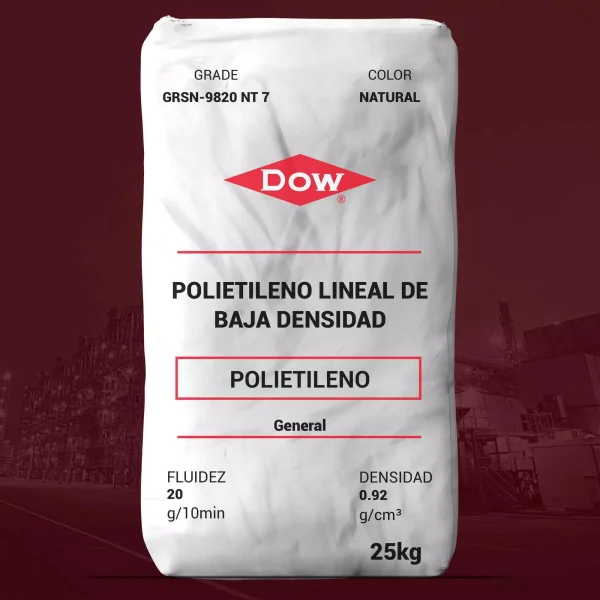 Nombre del producto: PE-GRSN-9820 NT 7 Marca: DOW Categoría: Polietileno Color: Natural Tipo de producto: Polietileno lineal de baja densidad (LLDPE) Presentación: Saco de 25 kg Características y propiedades técnicas: - Fluidez/Melt Index: 20 g/10 min (ASTM D 1238) - Densidad: 0.924 g/cm³ (ASTM D 792) - Aplicaciones: Resina portadora para sistemas de masterbatch y concentrados de color - Producción: Proceso UNIPOL™ PE - Compatibilidad: Polietileno y polipropileno Propiedades adicionales: - Punto de fusión: 253 °F (123 °C) - Resistencia al impacto: 80 ft·lbf/in² (ASTM D 1822, Type S) - Temperatura de fragilidad: <-105 °F (<-76 °C) - Resistencia a la tracción: 1100 psi (8 MPa) a la ruptura, 1700 psi (12 MPa) al yield (ASTM D 638) - Alargamiento a la ruptura: 60% (ASTM D 638) Consideraciones de manejo: - Consultar las hojas de datos de seguridad (MSDS) antes de su uso. - No desechar en cuerpos de agua ni en suelos. Otras notas: - Se recomienda revisar procesos de fabricación y aplicaciones para asegurar el uso adecuado del producto. - Este producto no es recomendado para aplicaciones médicas internas.
