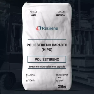 Nombre del producto: RESIRENE 6420 Categoría: Poliestireno Marca: Resirene Características físicas: - Fluidos: 3 g/10 min - Densidad: 1.04 g/cm³ - Color: Natural - Tamaño del empaque: 25 kg Propiedades mecánicas: - Excelentes propiedades de impacto (HIPS) Aplicaciones: - Extrusión de lámina - Termoformado profundo - Mezclas con GPPS - Vasos y platos termoformados Información adicional: - Cumplimiento FDA: 21 CFR 177.1640 - Advertencia sobre combustión: Puede causar humos y vapores peligrosos.